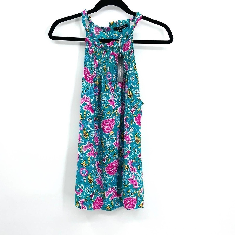 NWT ANNE CARSON Teal Blue Green Pink Floral Print Sleeveless Top Size Medium